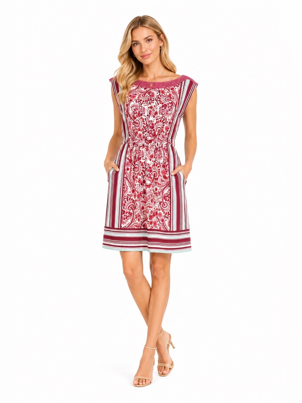 LOFT Red Paisley & Stripe Drawstring Waist Mini Dress